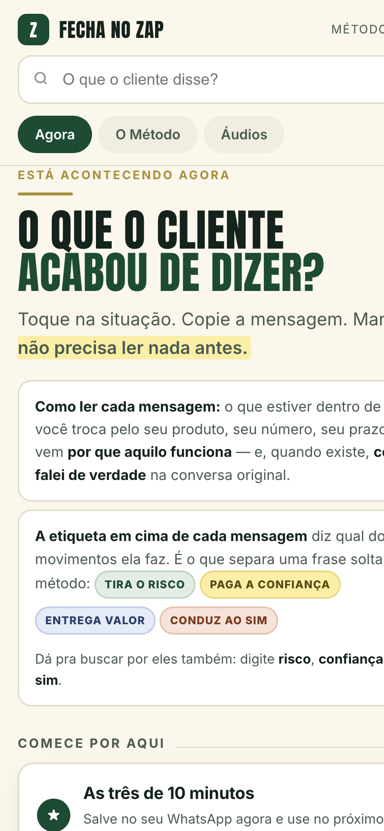 O app Fecha no Zap aberto no celular, com as situações na tela