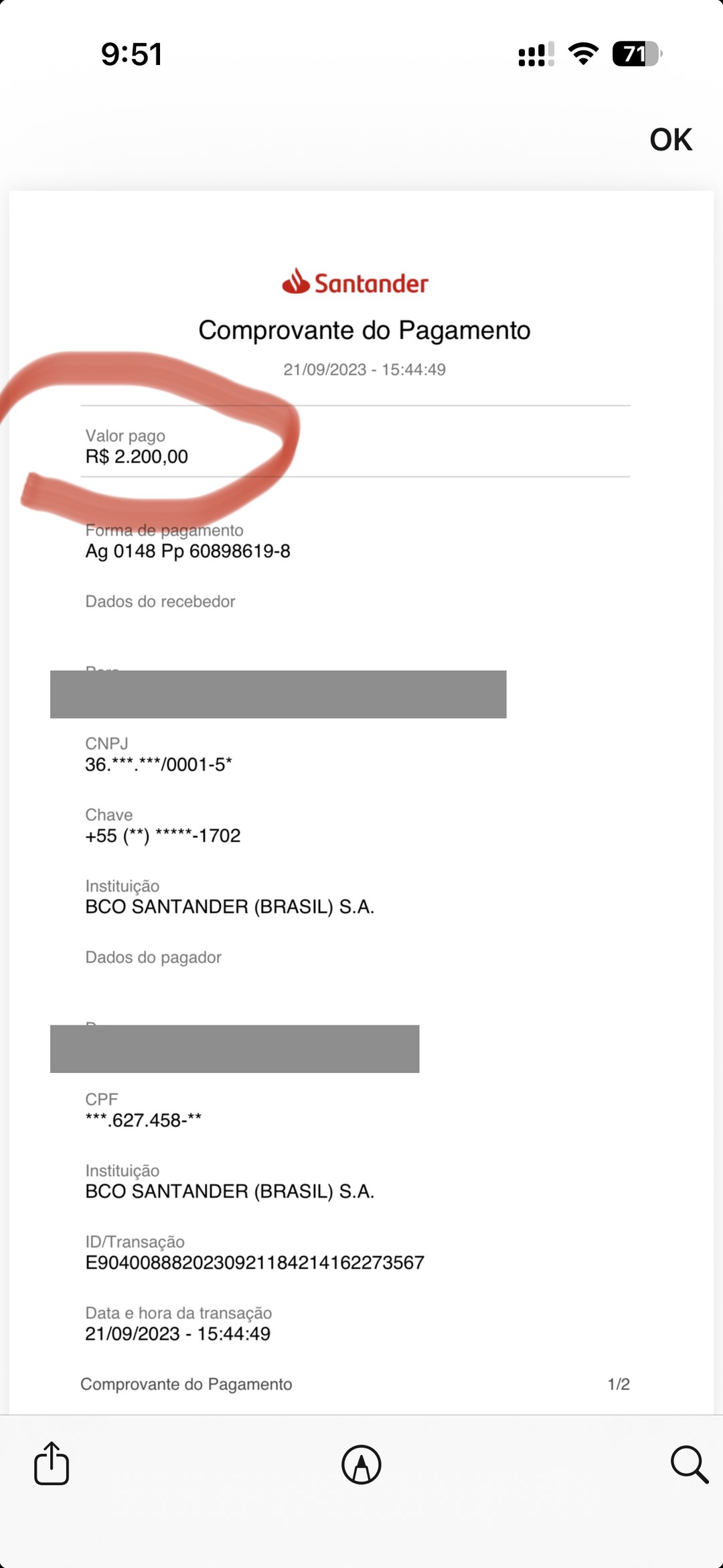 Comprovante de R$ 2.200
